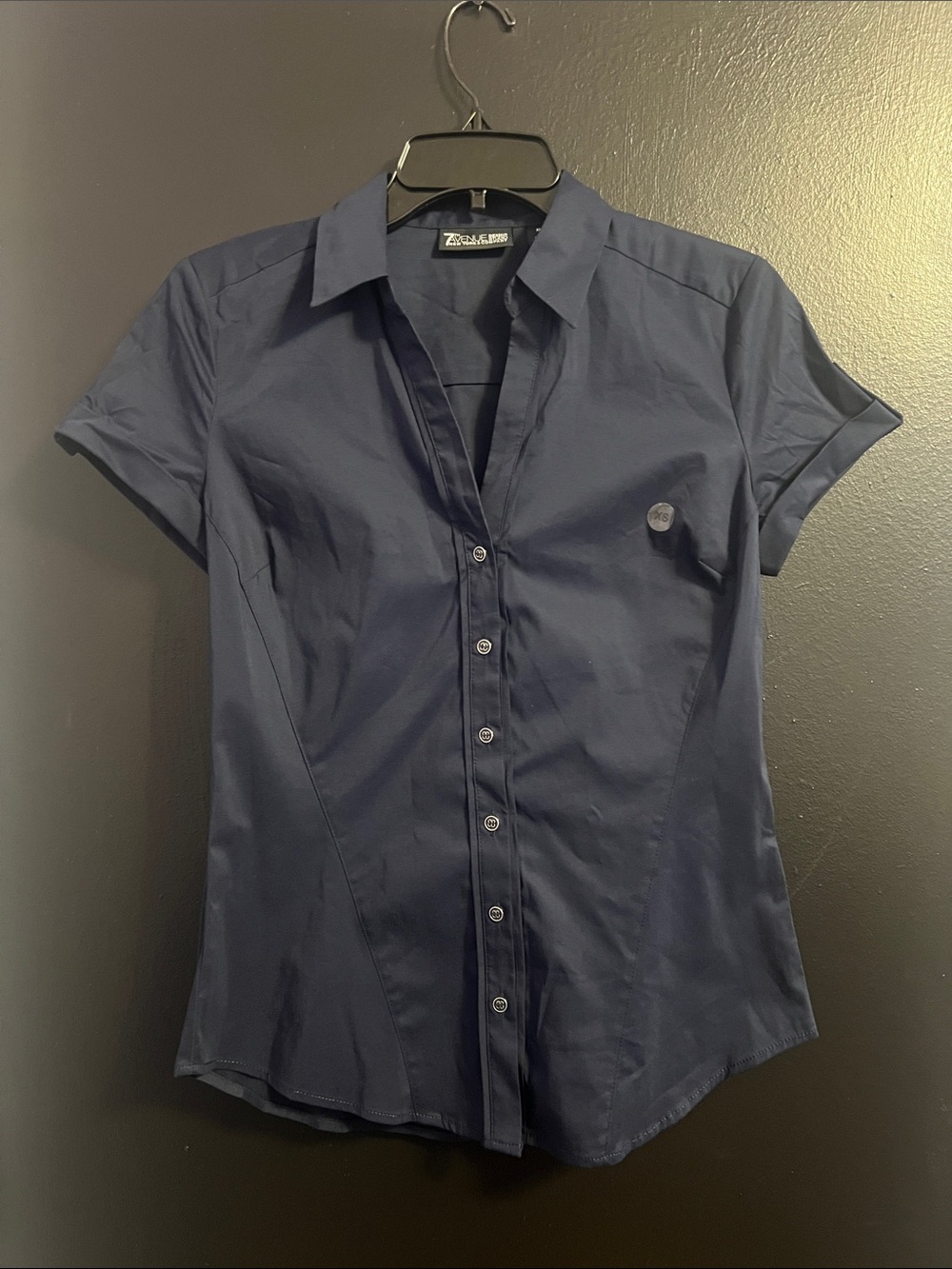 NY&Co Oxford Blue Short Sleeve Silver Button-Up Blouse